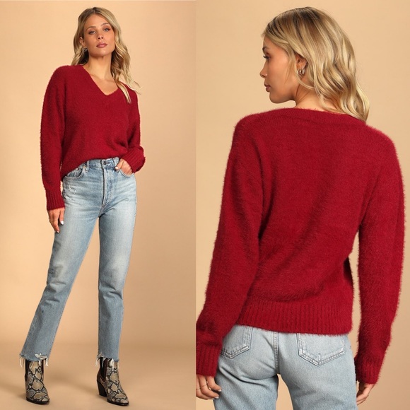 Lulus Sweaters - Lulus | Embracing Cozy Burgundy Eyelash Knit V-Neck Sweater